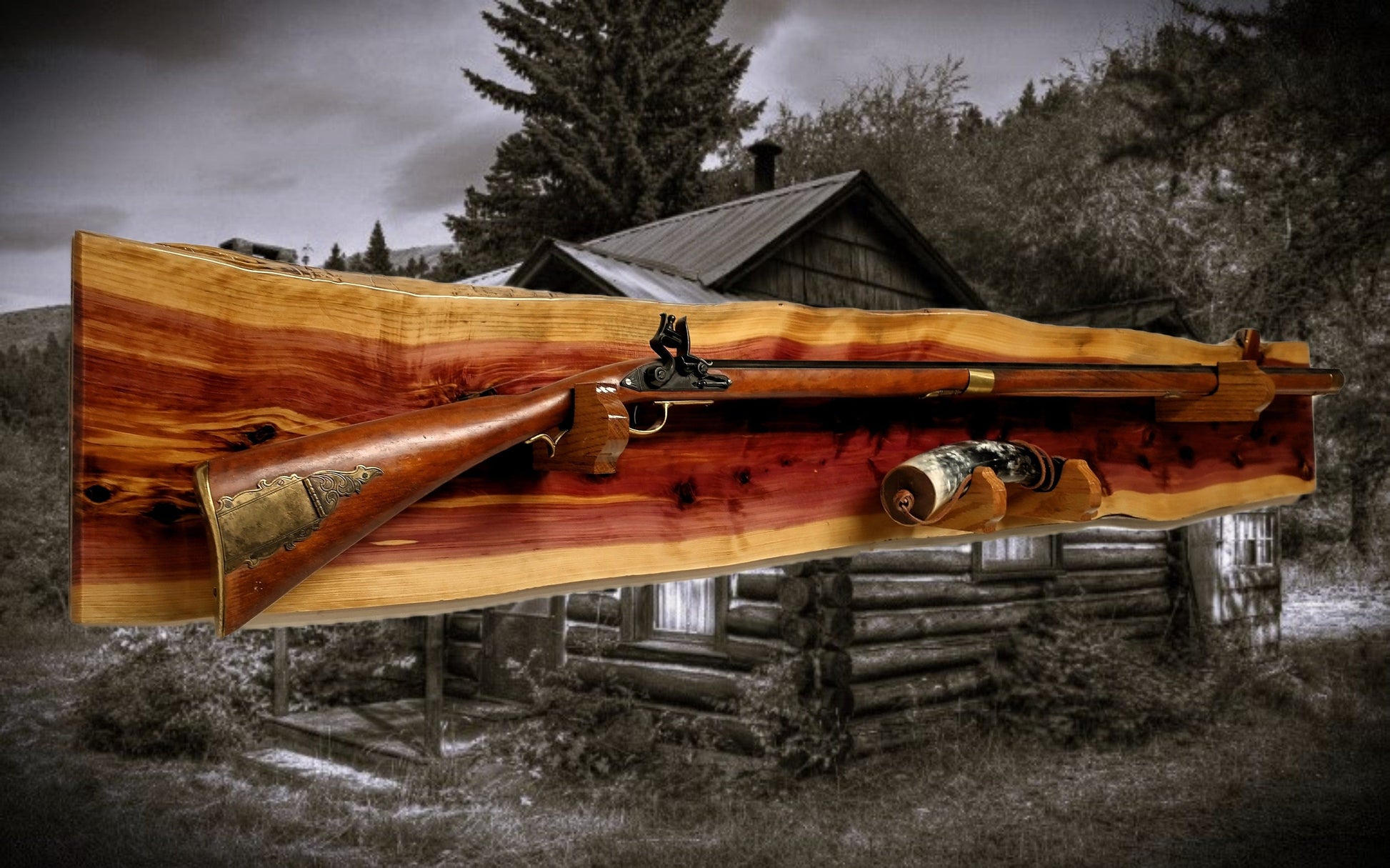 Walker Wood Gifts gun rack Knotty Live Edge Rustic Red Cedar Vintage Kentucky Long Gun Musket Rifle with Powder Horn Display Unique Gift