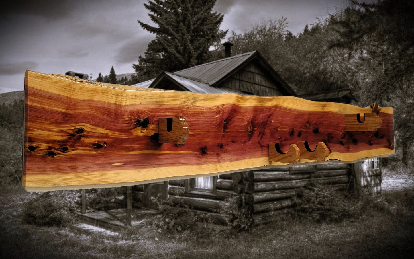 Walker Wood Gifts gun rack Knotty Live Edge Rustic Red Cedar Vintage Kentucky Long Gun Musket Rifle with Powder Horn Display Unique Gift