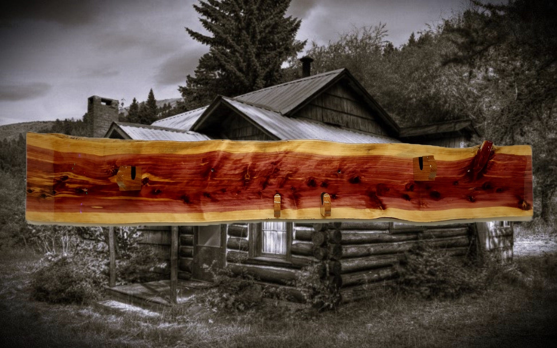 Walker Wood Gifts gun rack Knotty Live Edge Rustic Red Cedar Vintage Kentucky Long Gun Musket Rifle with Powder Horn Display Unique Gift