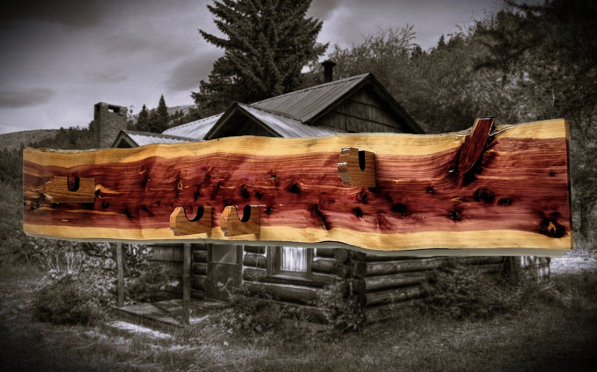 Walker Wood Gifts gun rack Knotty Live Edge Rustic Red Cedar Vintage Kentucky Long Gun Musket Rifle with Powder Horn Display Unique Gift