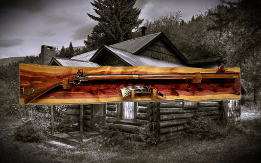 Walker Wood Gifts gun rack Knotty Live Edge Rustic Red Cedar Vintage Kentucky Long Gun Musket Rifle with Powder Horn Display Unique Gift