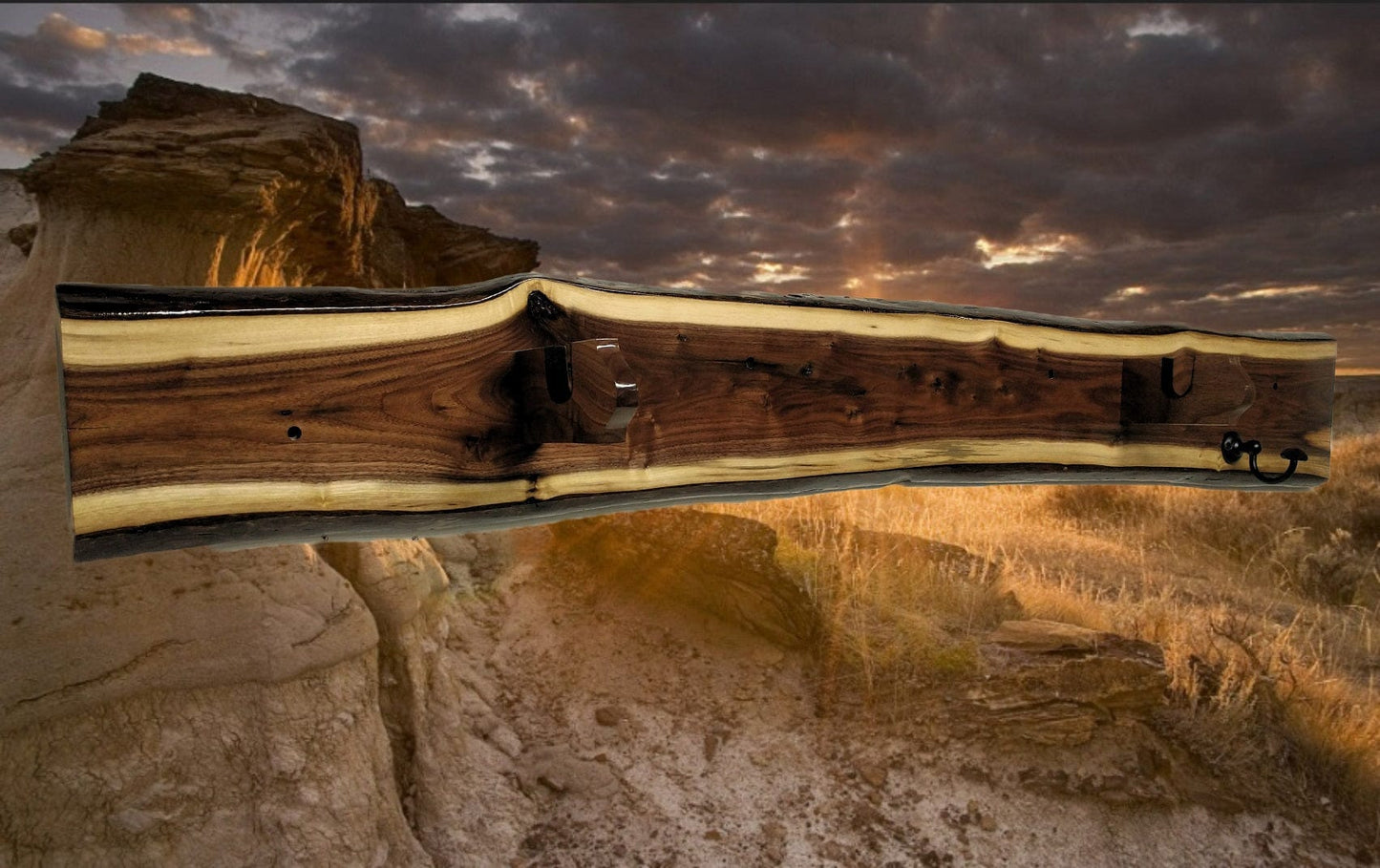 Walker Wood Gifts gun rack Live Edge Beautifully Rustic Black Walnut Vintage Kentucky Long Gun Musket Rifle Display Powder Horn Unique Gift