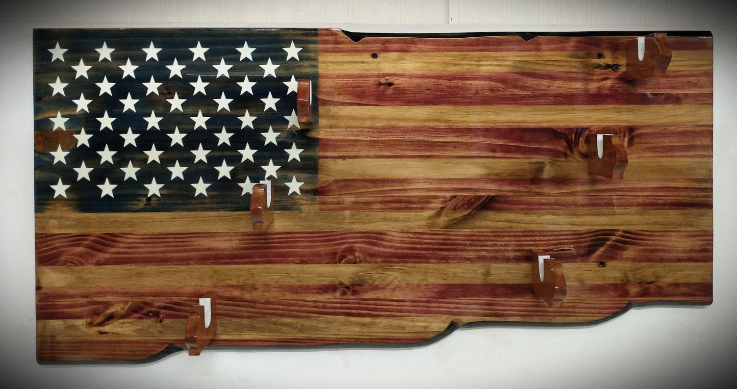 Walker Wood Gifts gun rack Rustic 3 Place Lever Action Old Glory Knotty Pine Rack Rifle Display Patriotic Collectors Gift