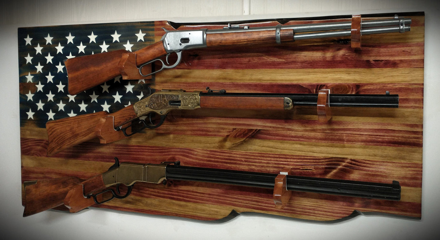 Walker Wood Gifts gun rack Rustic 3 Place Lever Action Old Glory Knotty Pine Rack Rifle Display Patriotic Collectors Gift