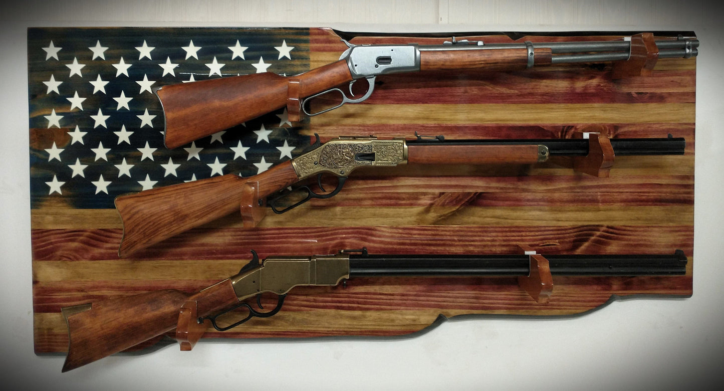 Walker Wood Gifts gun rack Rustic 3 Place Lever Action Old Glory Knotty Pine Rack Rifle Display Patriotic Collectors Gift