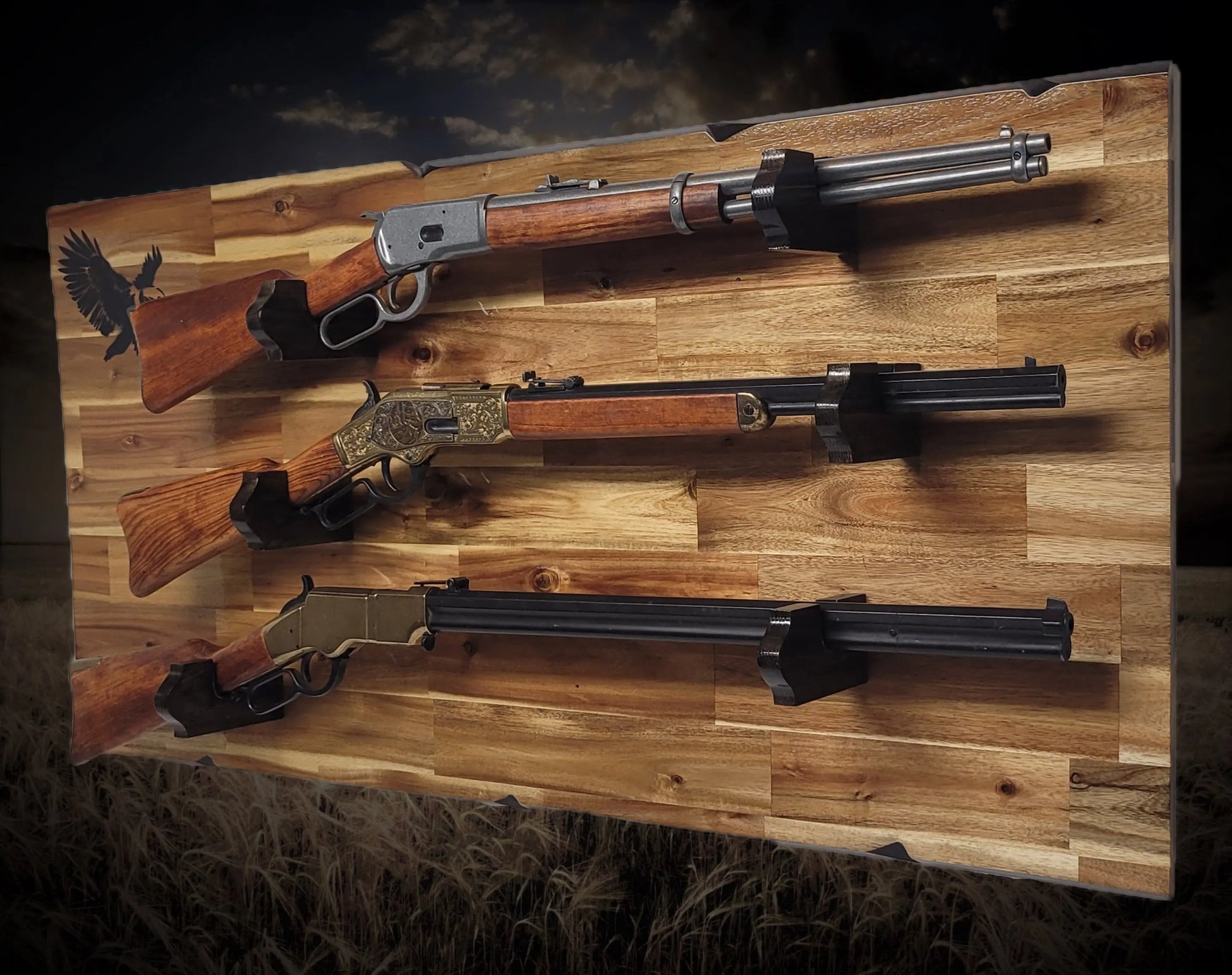 Walker Wood Gifts gun rack Rustic Cabin Acacia Striking Eagle 3 Place Lever Action Gun Rifle Display Collector Gift