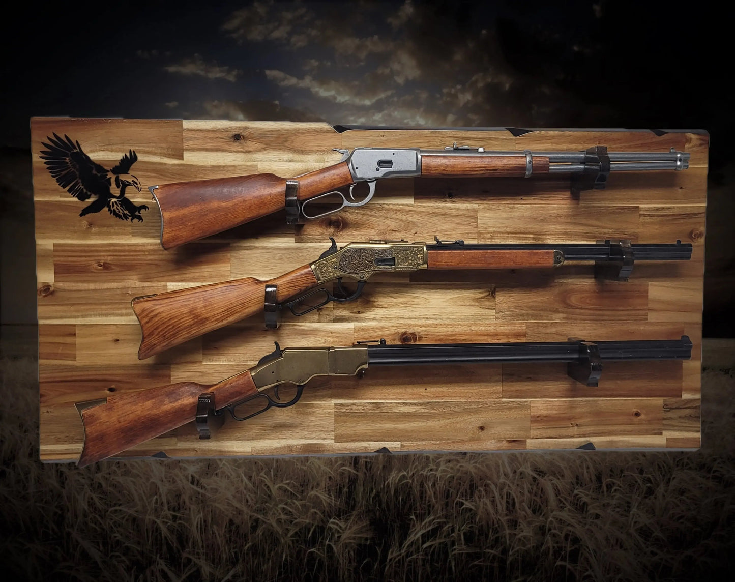 Walker Wood Gifts gun rack Rustic Cabin Acacia Striking Eagle 3 Place Lever Action Gun Rifle Display Collector Gift