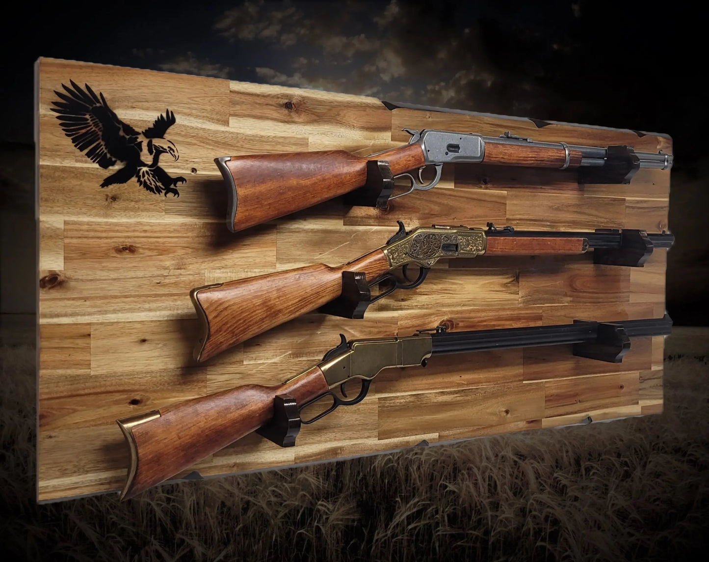Walker Wood Gifts gun rack Rustic Cabin Acacia Striking Eagle 3 Place Lever Action Gun Rifle Display Collector Gift