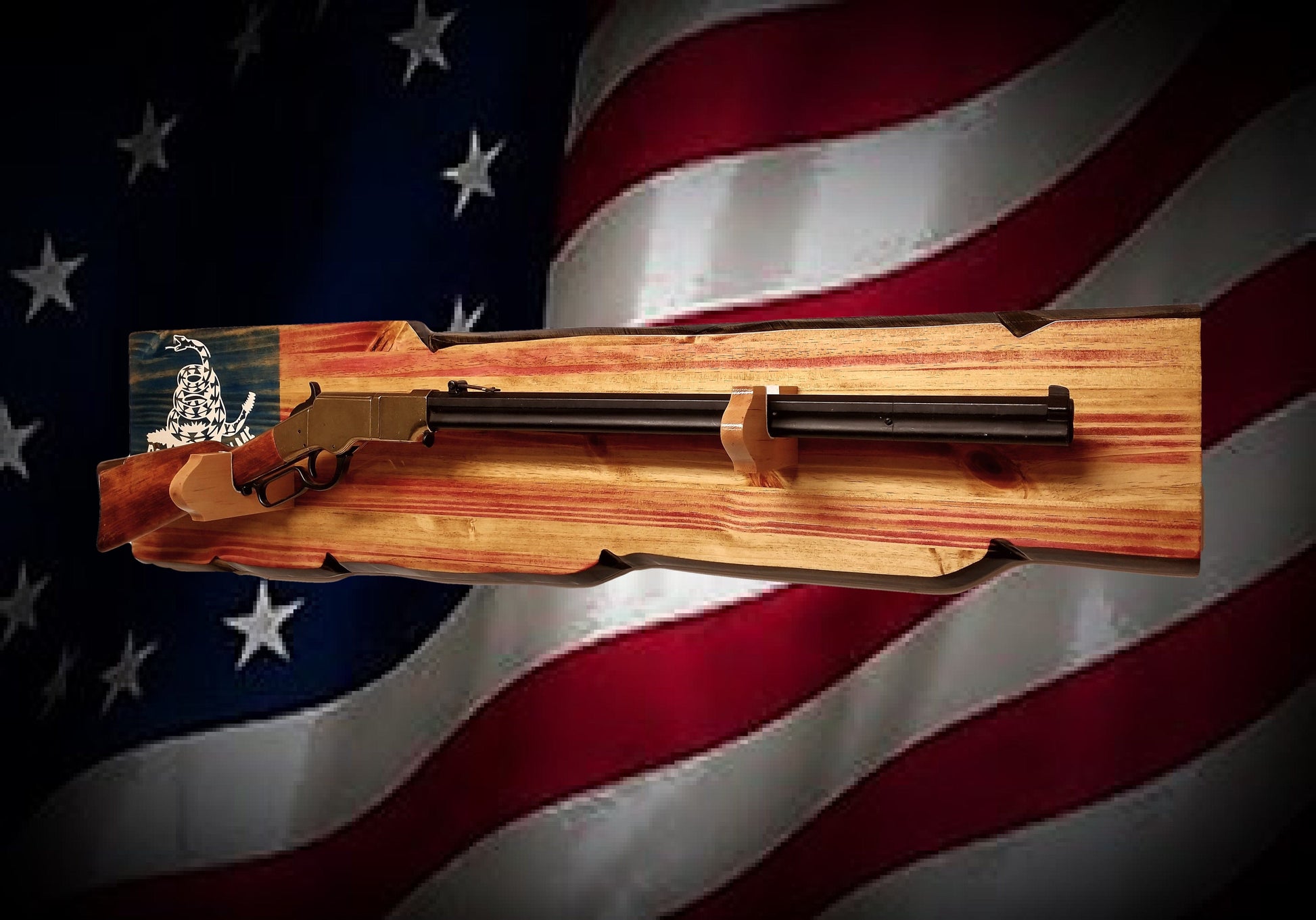 Walker Wood Gifts gun rack Rustic "Don't Tread On Me" Gun Rack Lever Action Rifle Wall Mount Americana Collectors Gift Décor
