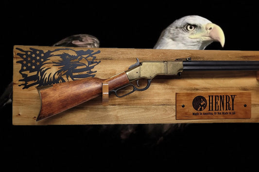 Walker Wood Gifts gun rack Rustic Faux Live Edge Lever Action Rifle Display | Aspen Gun Rack | Henry Plaque | American Eagle Flag | Handmade Wall Mount