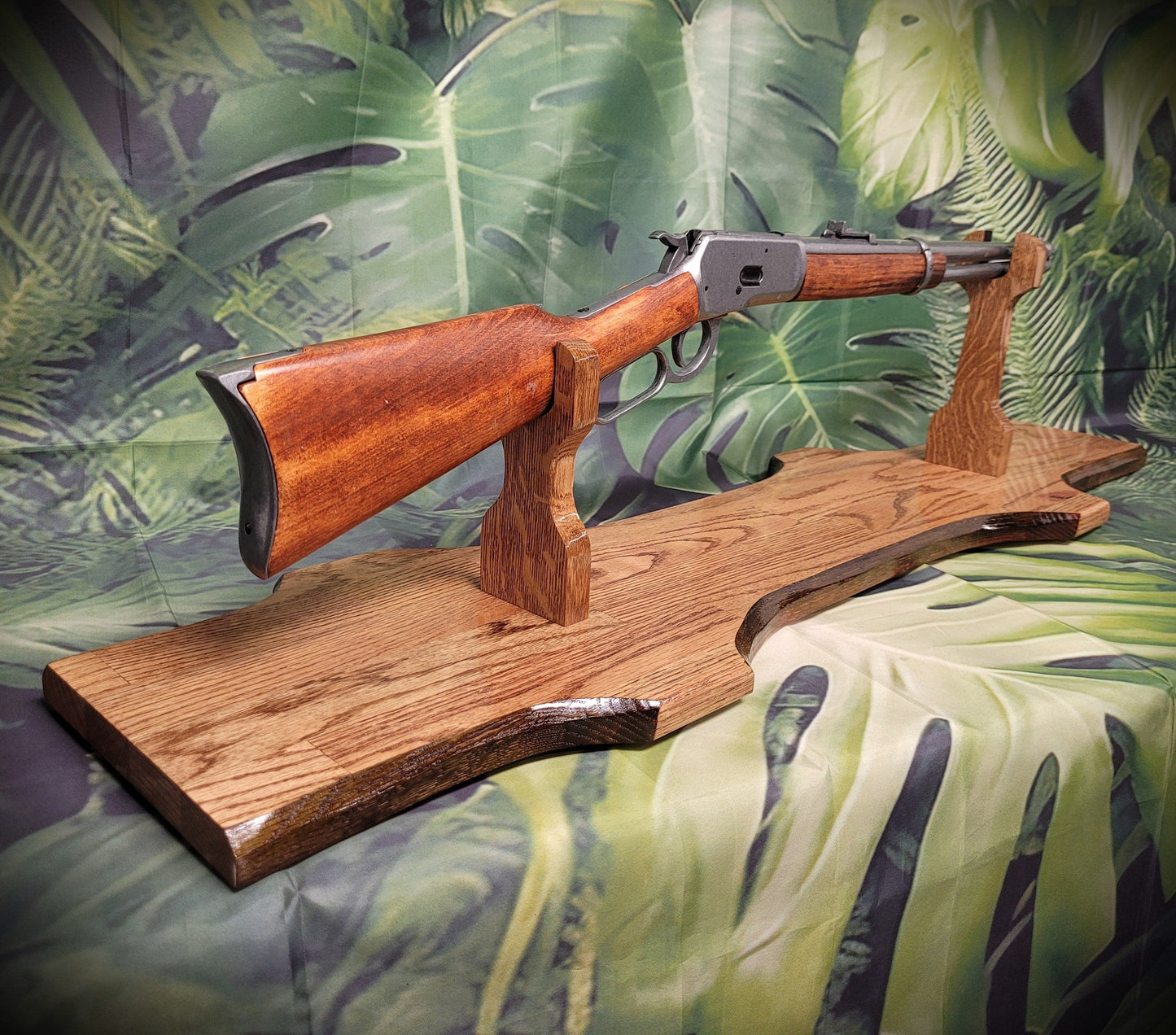 Walker Wood Gifts gun rack Rustic Faux Live Edge Oak Lever Action Rifle Stand Display Mantel Collector Gift