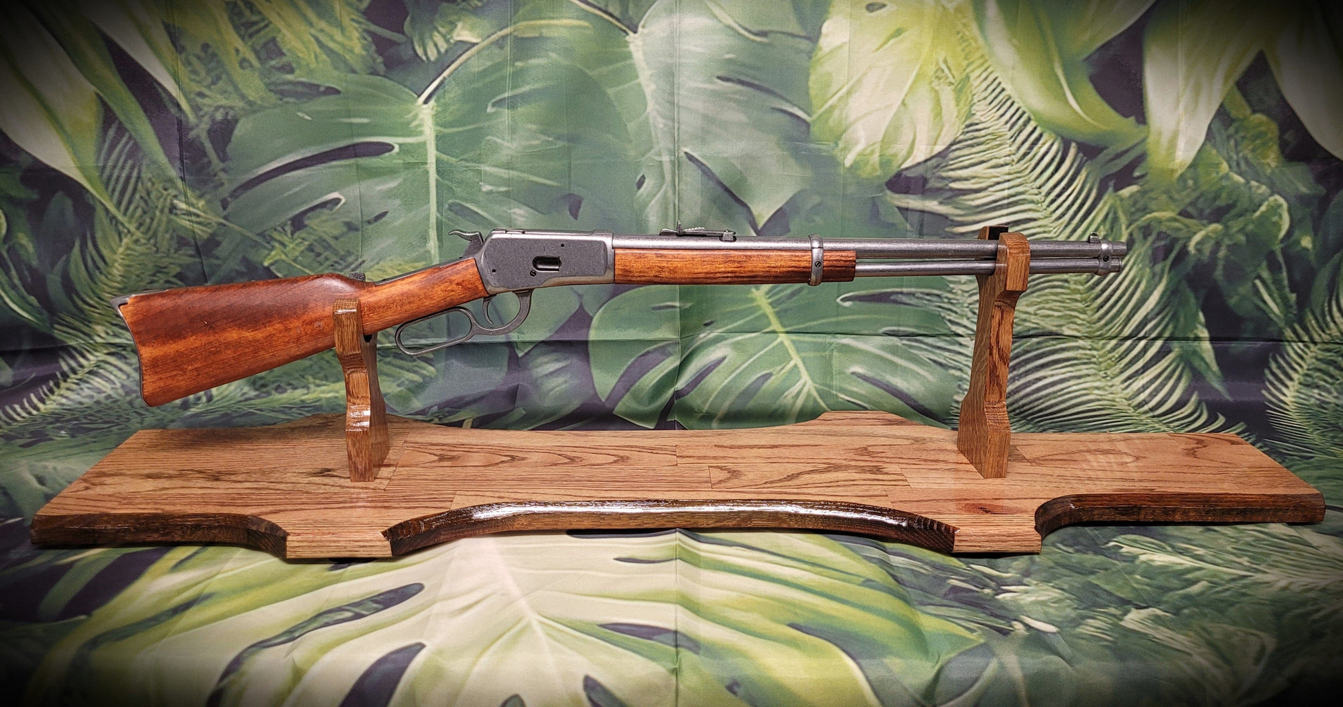 Walker Wood Gifts gun rack Rustic Faux Live Edge Oak Lever Action Rifle Stand Display Mantel Collector Gift