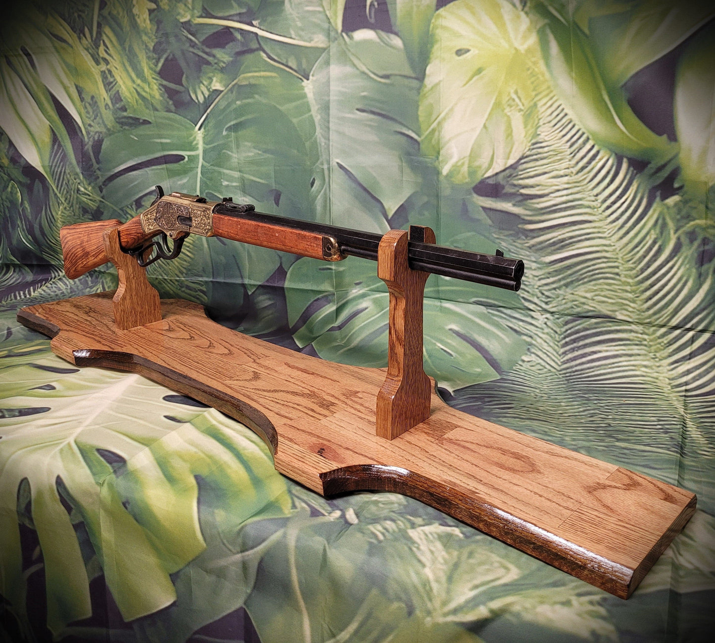 Walker Wood Gifts gun rack Rustic Faux Live Edge Oak Lever Action Rifle Stand Display Mantel Collector Gift