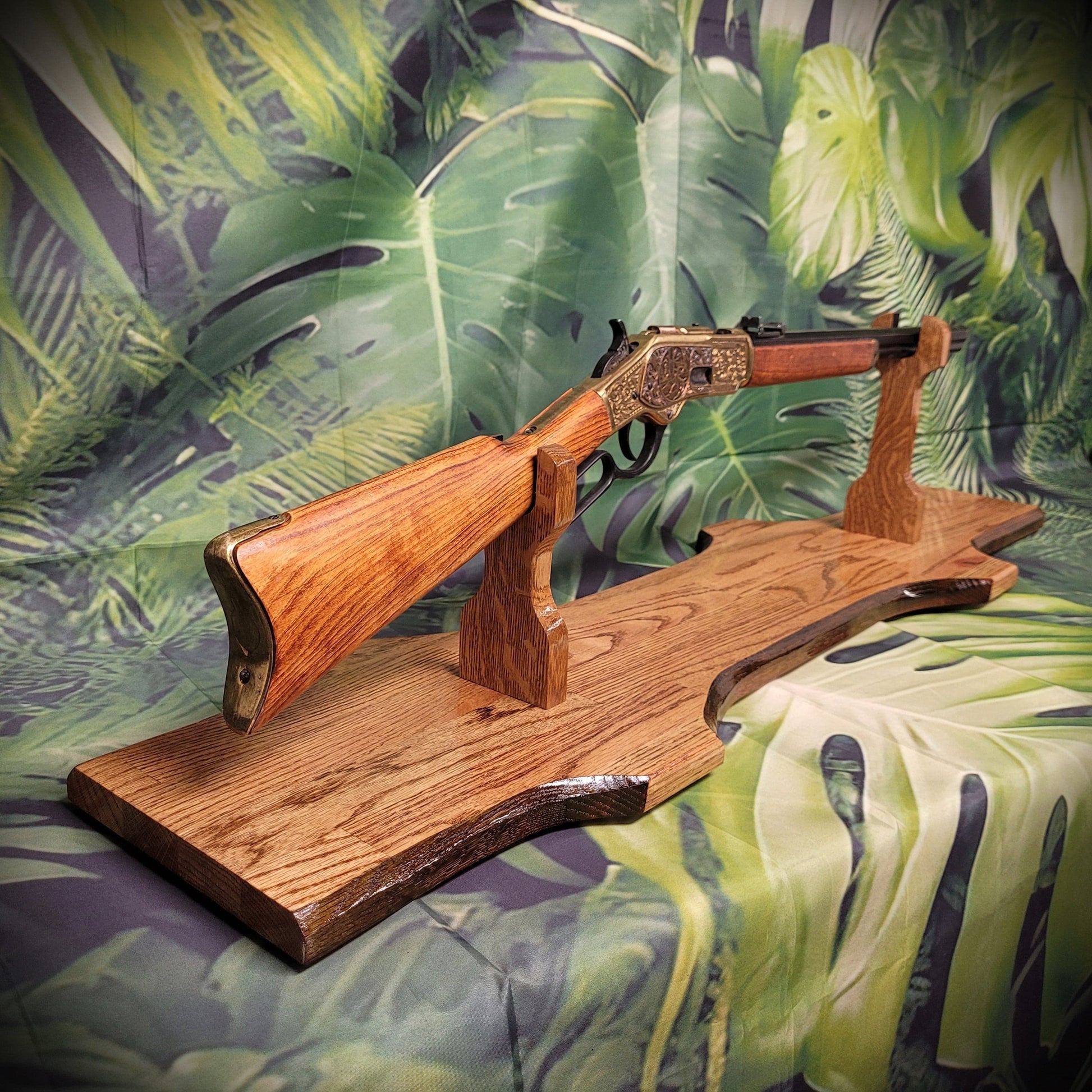 Walker Wood Gifts gun rack Rustic Faux Live Edge Oak Lever Action Rifle Stand Display Mantel Collector Gift