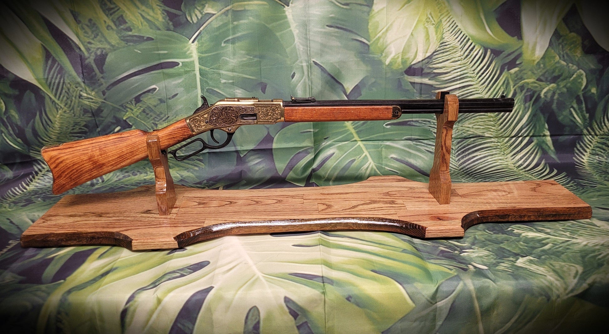 Walker Wood Gifts gun rack Rustic Faux Live Edge Oak Lever Action Rifle Stand Display Mantel Collector Gift