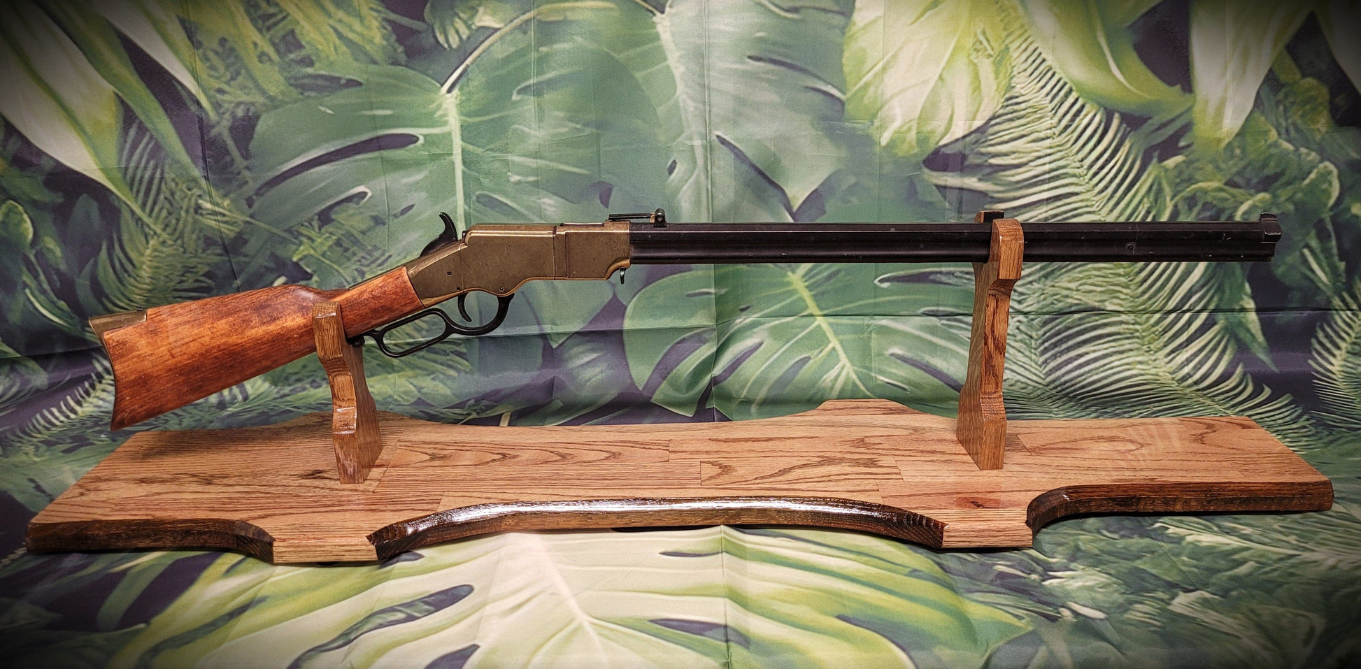 Walker Wood Gifts gun rack Rustic Faux Live Edge Oak Lever Action Rifle Stand Display Mantel Collector Gift