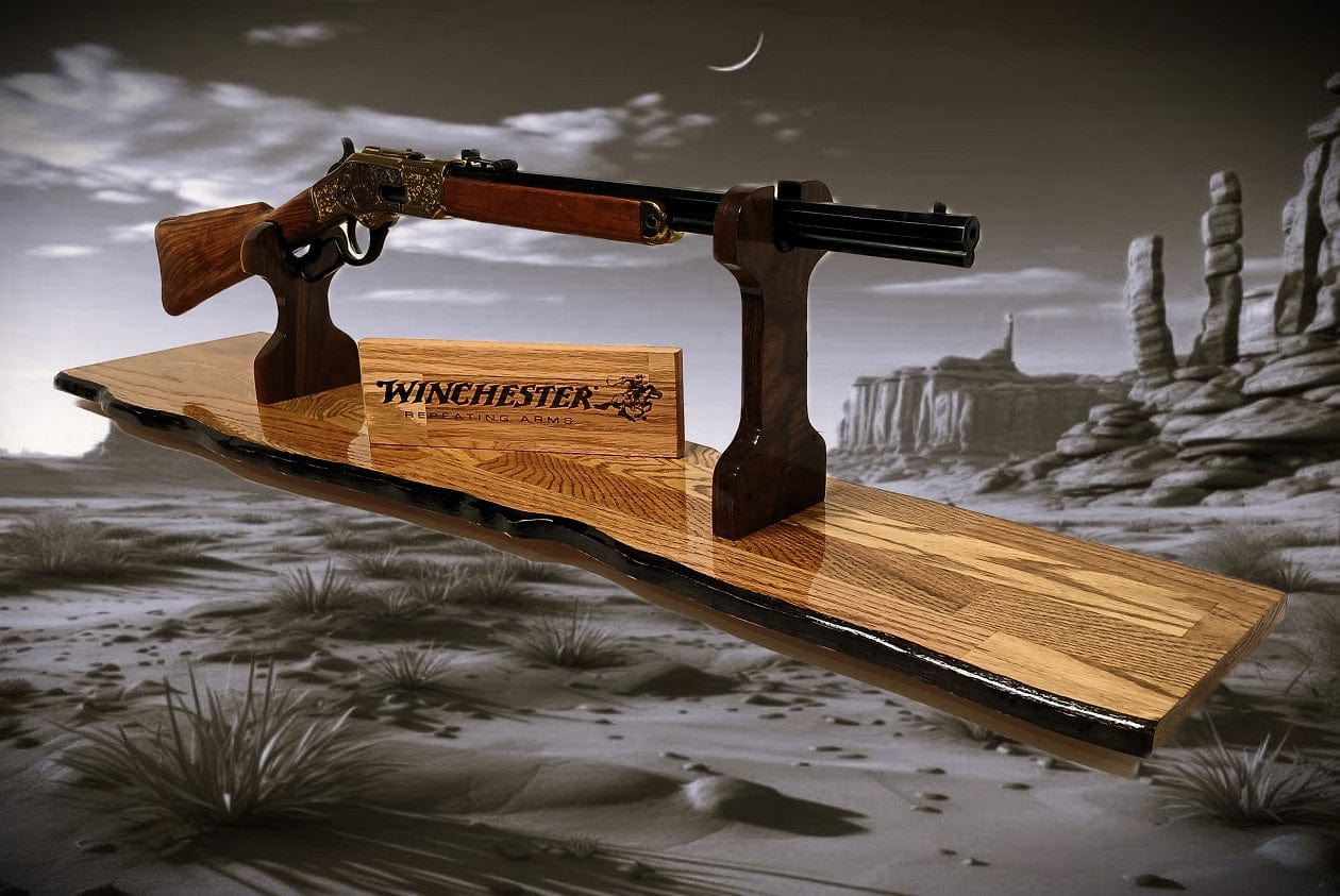 Walker Wood Gifts gun rack Rustic Henry Winchester Lever Action Rifle Stand Display Faux Live Edge Swamp Oak Stunning Mantel Collectors Gift