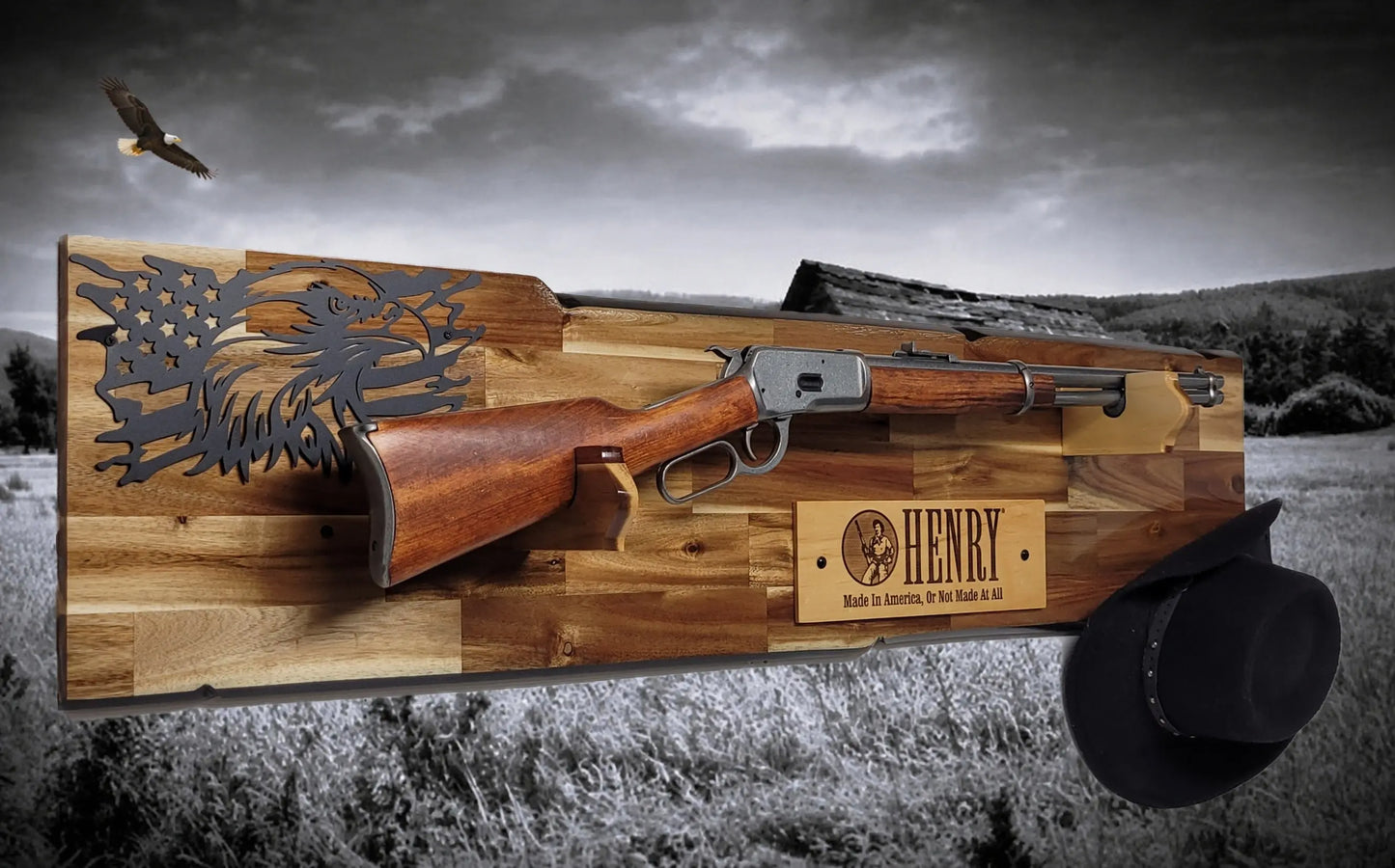 Walker Wood Gifts gun rack Rustic Lever Action Cabin Acacia Rifle Display Gun Rack | Henry Rifle Wall Mount | American Eagle Flag | Handcrafted Gift