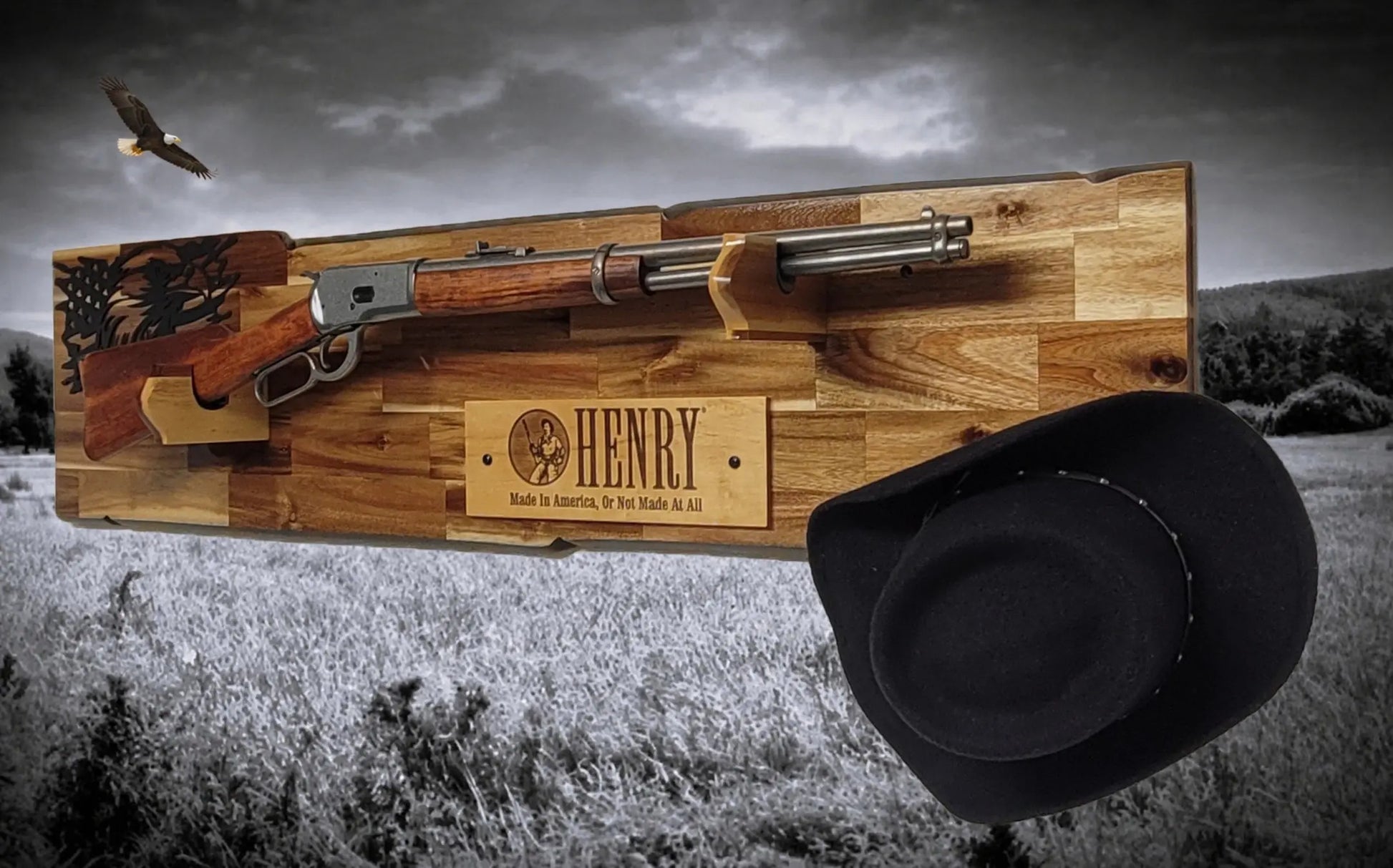 Walker Wood Gifts gun rack Rustic Lever Action Cabin Acacia Rifle Display Gun Rack | Henry Rifle Wall Mount | American Eagle Flag | Handcrafted Gift