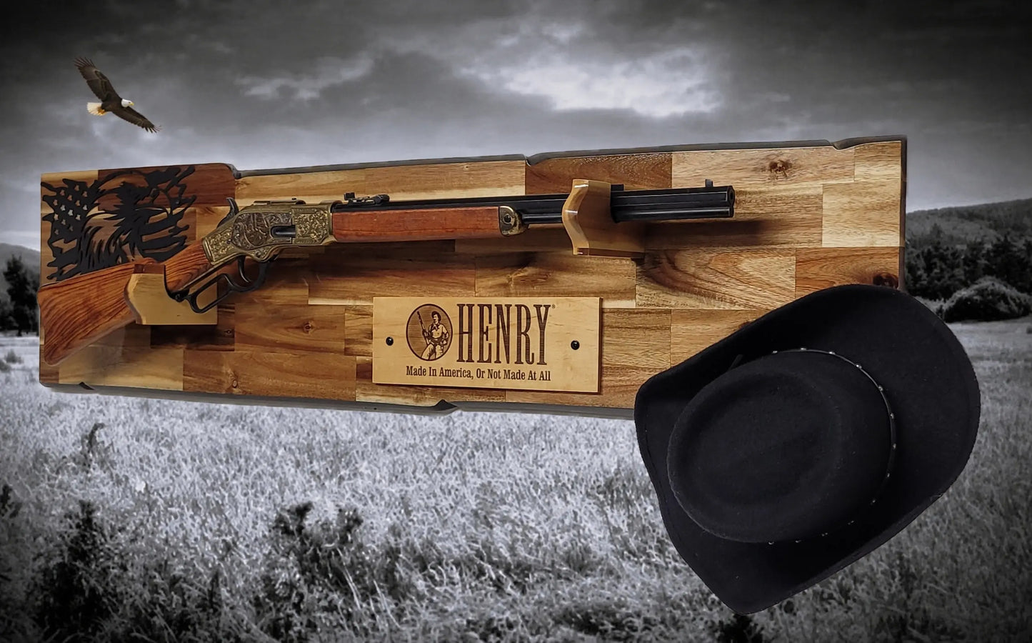 Walker Wood Gifts gun rack Rustic Lever Action Cabin Acacia Rifle Display Gun Rack | Henry Rifle Wall Mount | American Eagle Flag | Handcrafted Gift