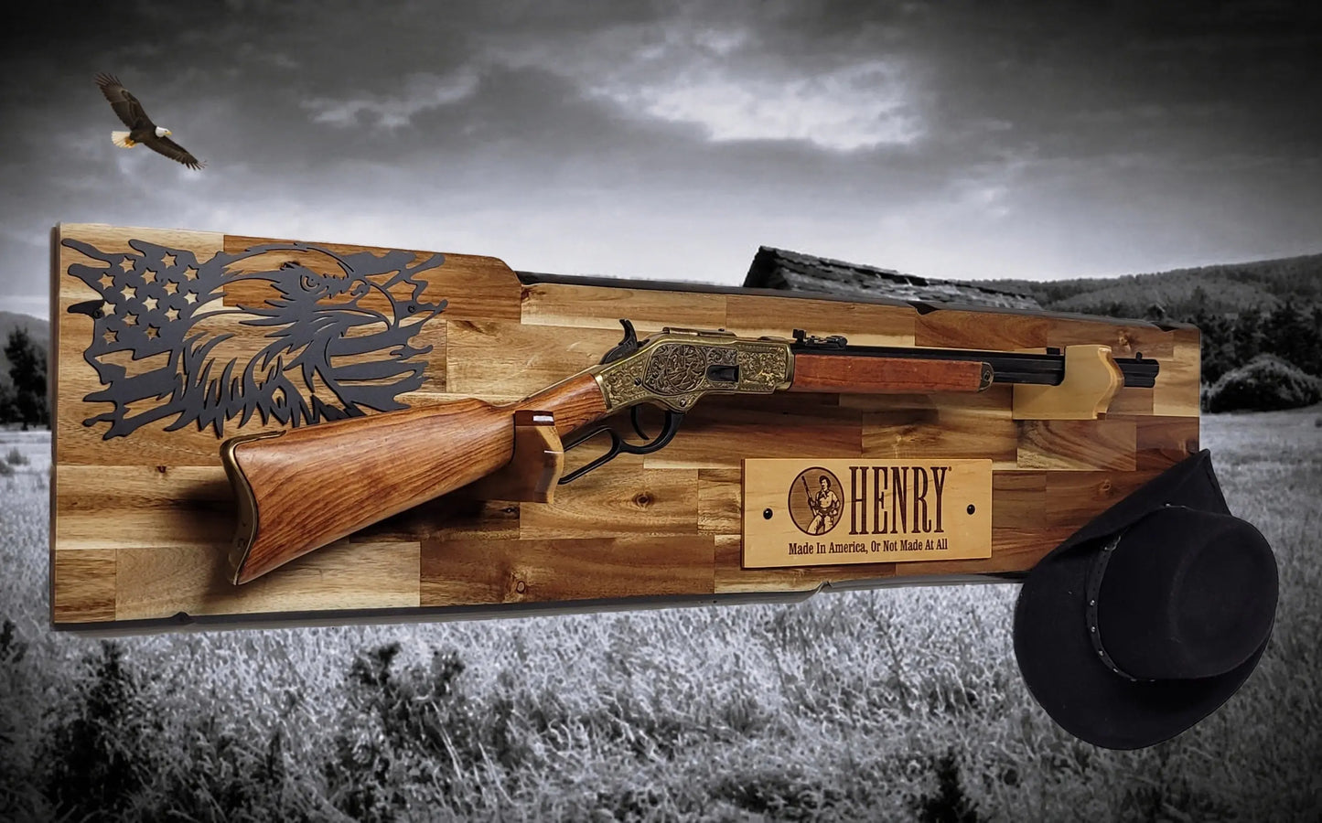 Walker Wood Gifts gun rack Rustic Lever Action Cabin Acacia Rifle Display Gun Rack | Henry Rifle Wall Mount | American Eagle Flag | Handcrafted Gift