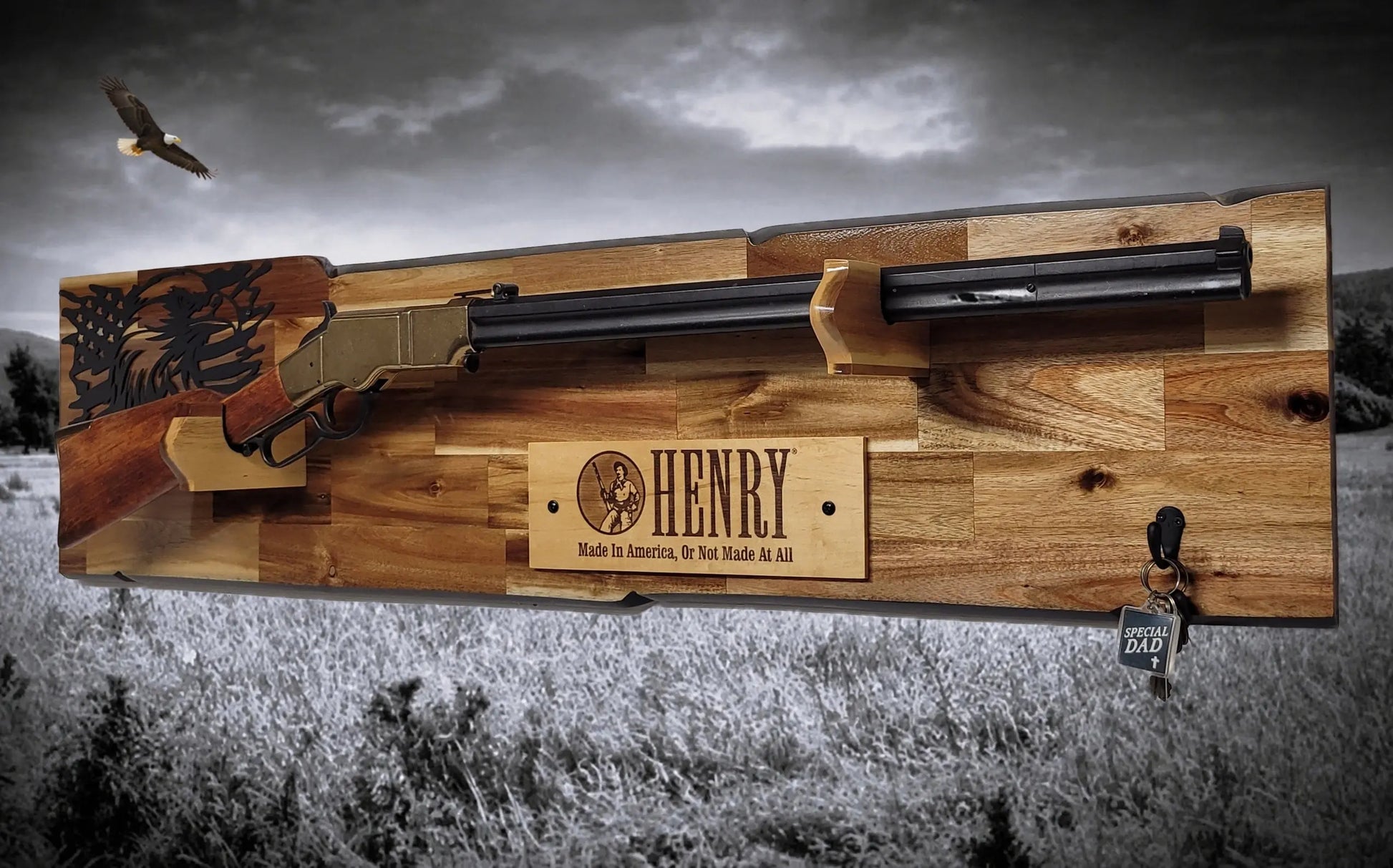 Walker Wood Gifts gun rack Rustic Lever Action Cabin Acacia Rifle Display Gun Rack | Henry Rifle Wall Mount | American Eagle Flag | Handcrafted Gift