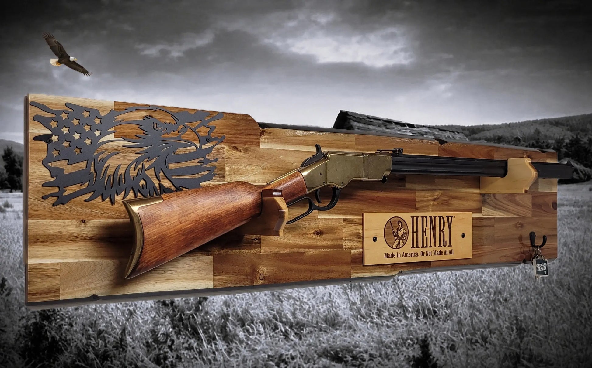 Walker Wood Gifts gun rack Rustic Lever Action Cabin Acacia Rifle Display Gun Rack | Henry Rifle Wall Mount | American Eagle Flag | Handcrafted Gift