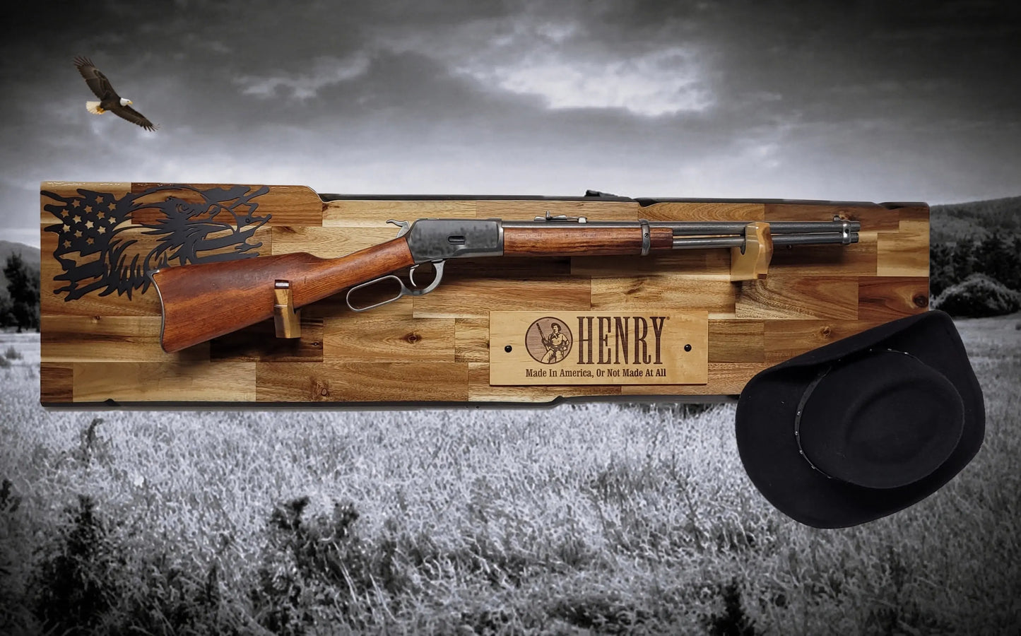 Walker Wood Gifts gun rack Rustic Lever Action Cabin Acacia Rifle Display Gun Rack | Henry Rifle Wall Mount | American Eagle Flag | Handcrafted Gift