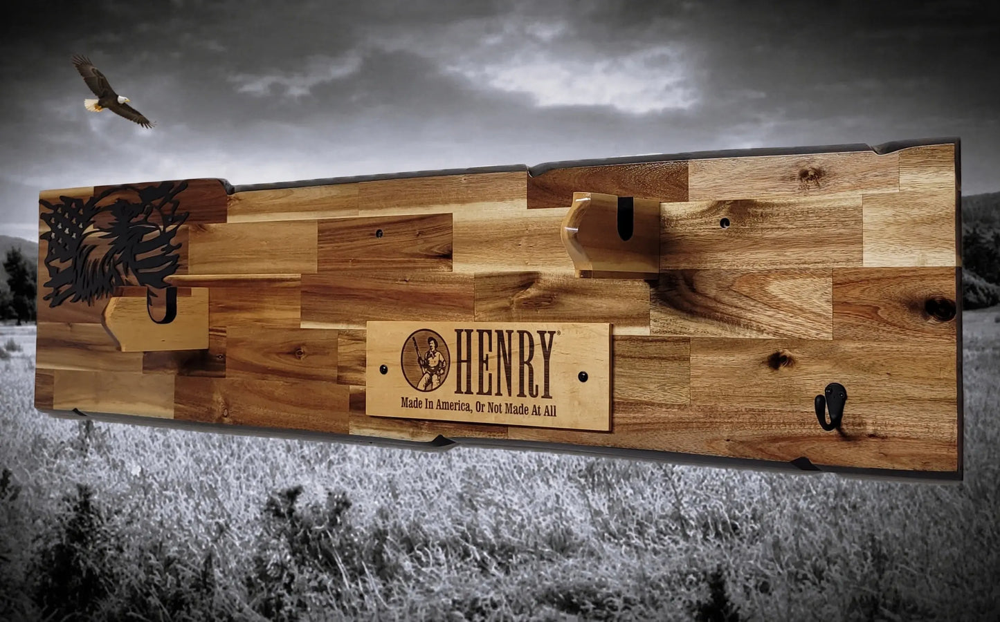 Walker Wood Gifts gun rack Rustic Lever Action Cabin Acacia Rifle Display Gun Rack | Henry Rifle Wall Mount | American Eagle Flag | Handcrafted Gift