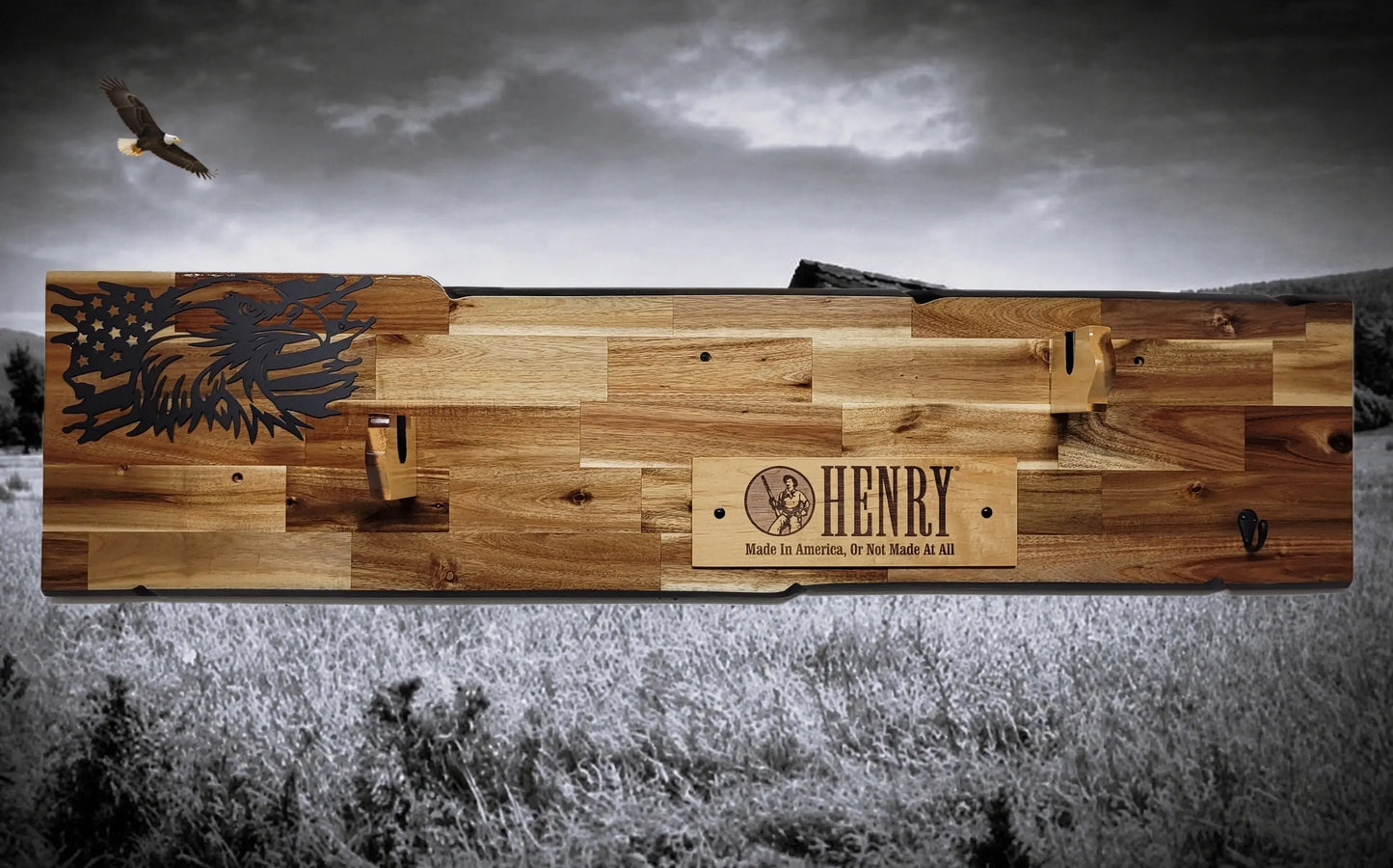 Walker Wood Gifts gun rack Rustic Lever Action Cabin Acacia Rifle Display Gun Rack | Henry Rifle Wall Mount | American Eagle Flag | Handcrafted Gift