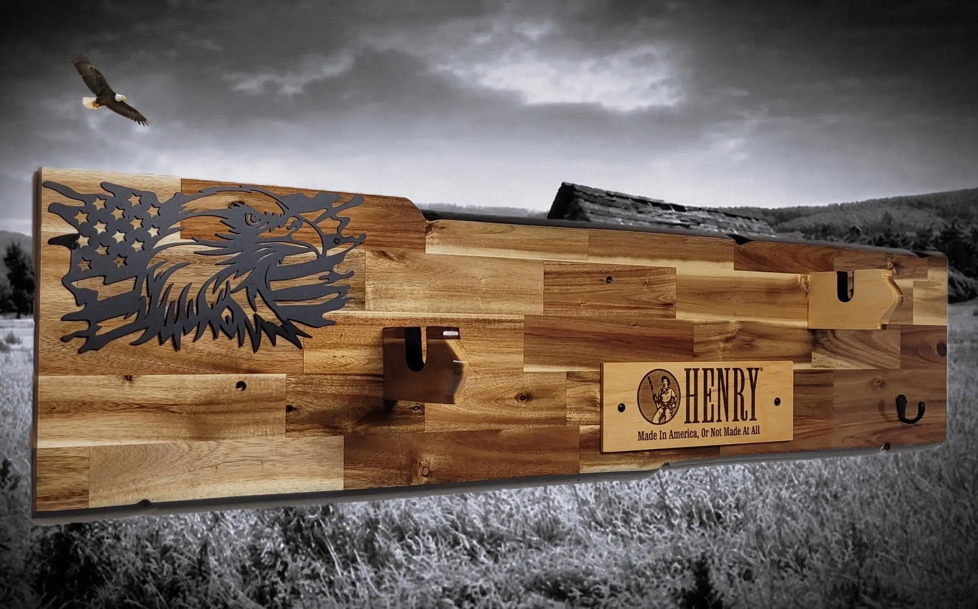 Walker Wood Gifts gun rack Rustic Lever Action Cabin Acacia Rifle Display Gun Rack | Henry Rifle Wall Mount | American Eagle Flag | Handcrafted Gift