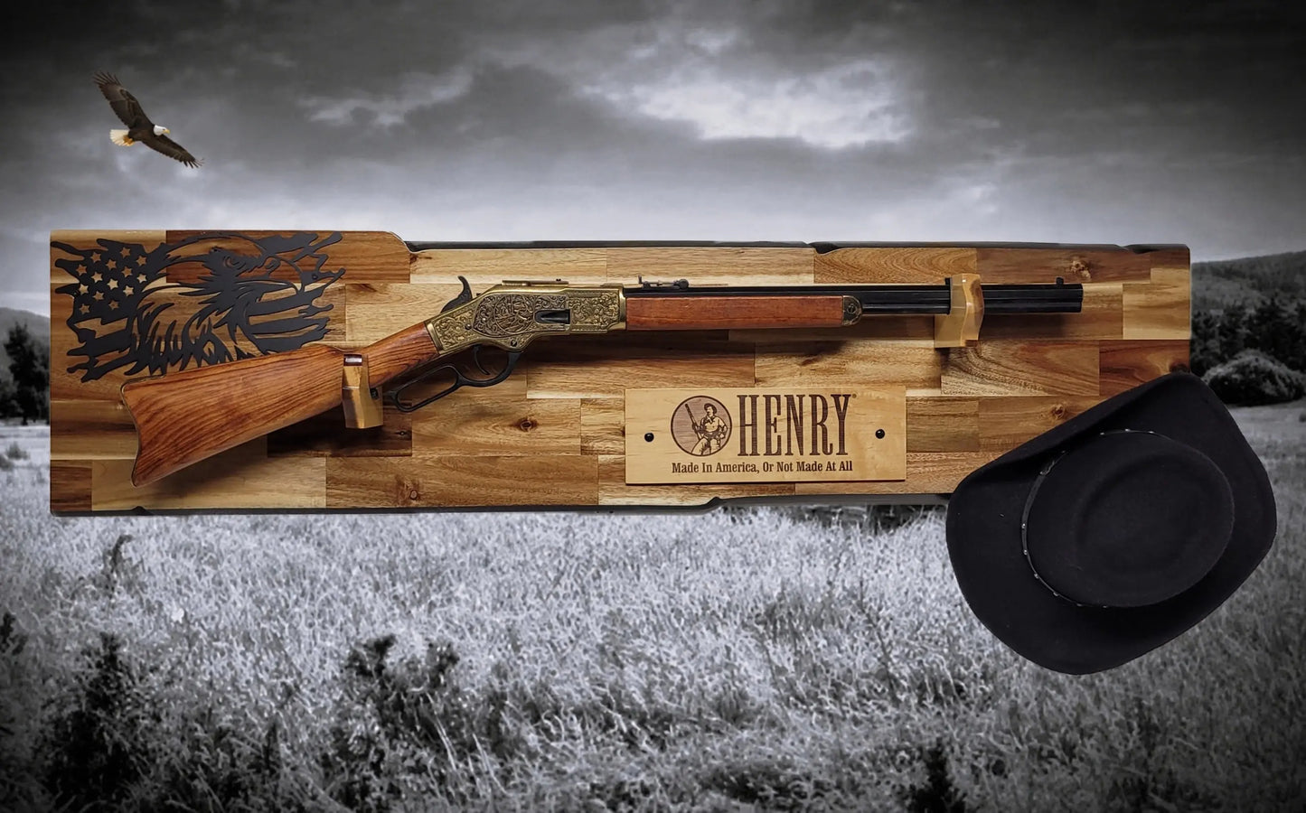 Walker Wood Gifts gun rack Rustic Lever Action Cabin Acacia Rifle Display Gun Rack | Henry Rifle Wall Mount | American Eagle Flag | Handcrafted Gift