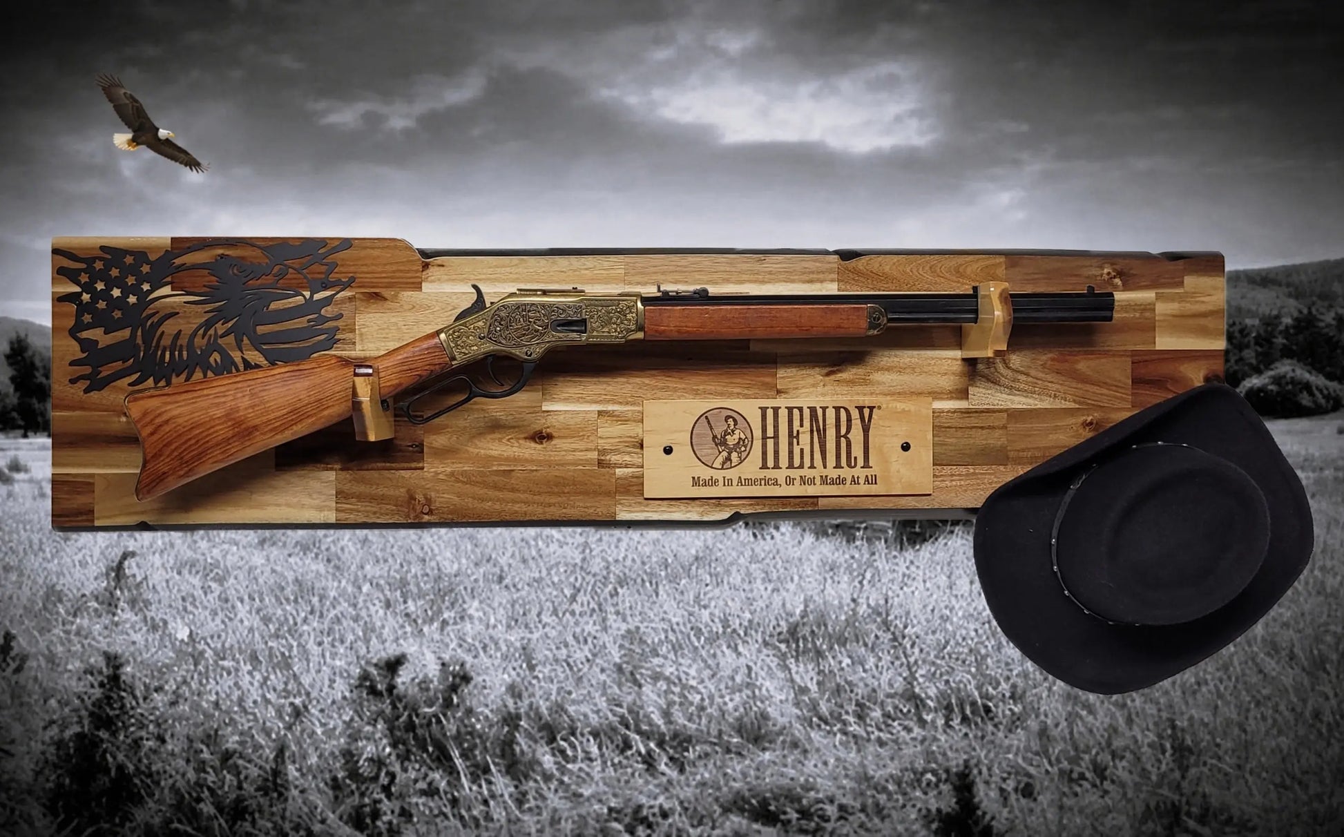 Walker Wood Gifts gun rack Rustic Lever Action Cabin Acacia Rifle Display Gun Rack | Henry Rifle Wall Mount | American Eagle Flag | Handcrafted Gift
