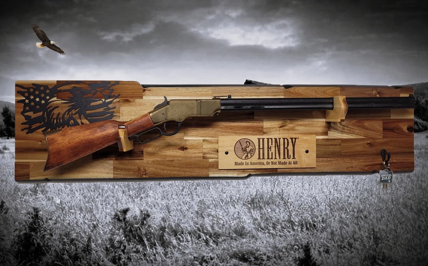 Walker Wood Gifts gun rack Rustic Lever Action Cabin Acacia Rifle Display Gun Rack | Henry Rifle Wall Mount | American Eagle Flag | Handcrafted Gift