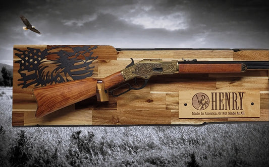Walker Wood Gifts gun rack Rustic Lever Action Cabin Acacia Rifle Display Gun Rack | Henry Rifle Wall Mount | American Eagle Flag | Handcrafted Gift