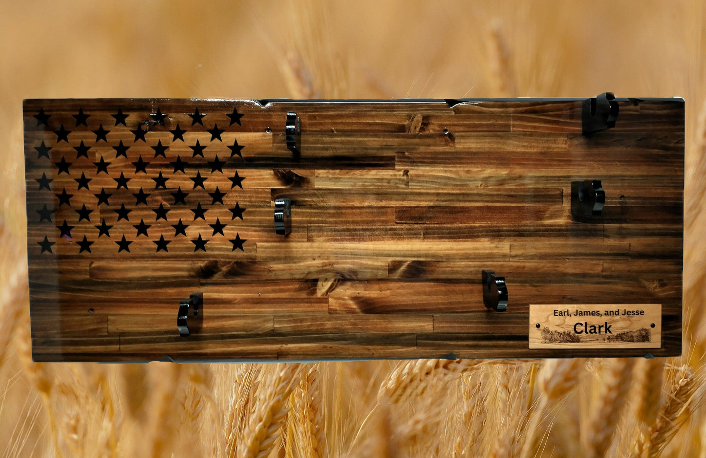 Walker Wood Gifts gun rack Rustic Unique 3 Place Shotgun Display Cabin Knotty Pine 50 Black Star Patriotic Collectors Gift