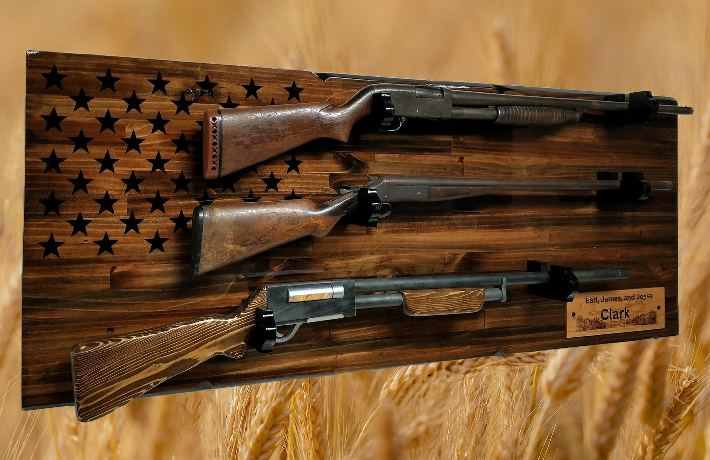 Walker Wood Gifts gun rack Rustic Unique 3 Place Shotgun Display Cabin Knotty Pine 50 Black Star Patriotic Collectors Gift