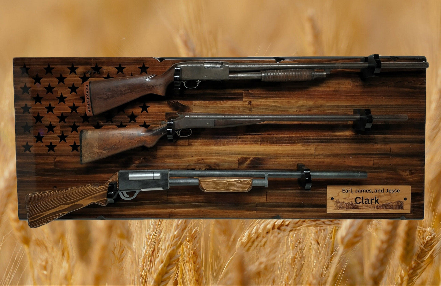 Walker Wood Gifts gun rack Rustic Unique 3 Place Shotgun Display Cabin Knotty Pine 50 Black Star Patriotic Collectors Gift