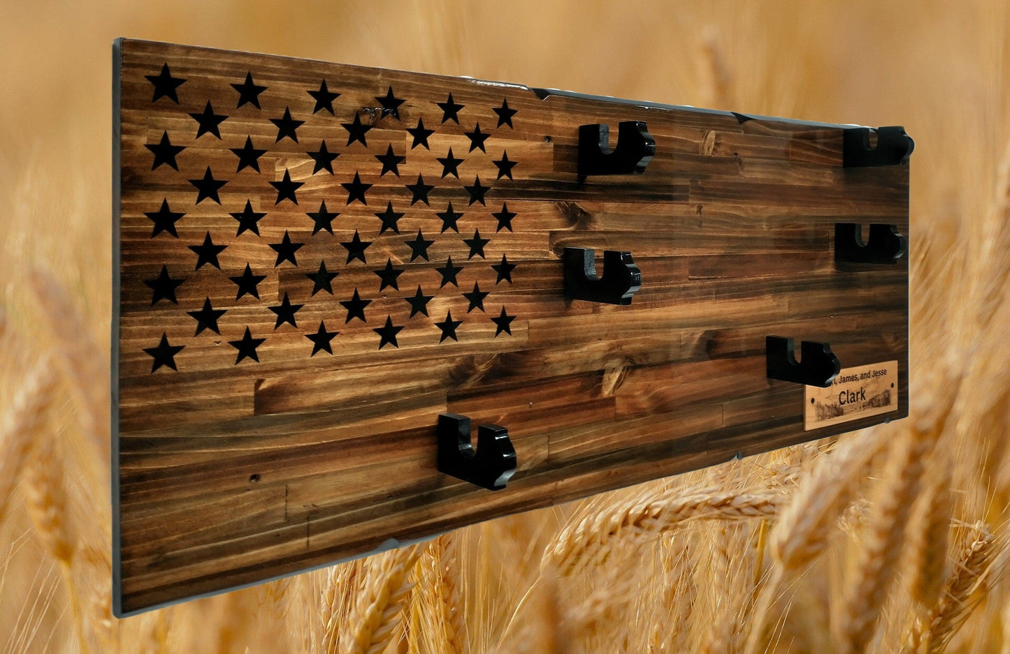 Walker Wood Gifts gun rack Rustic Unique 3 Place Shotgun Display Cabin Knotty Pine 50 Black Star Patriotic Collectors Gift