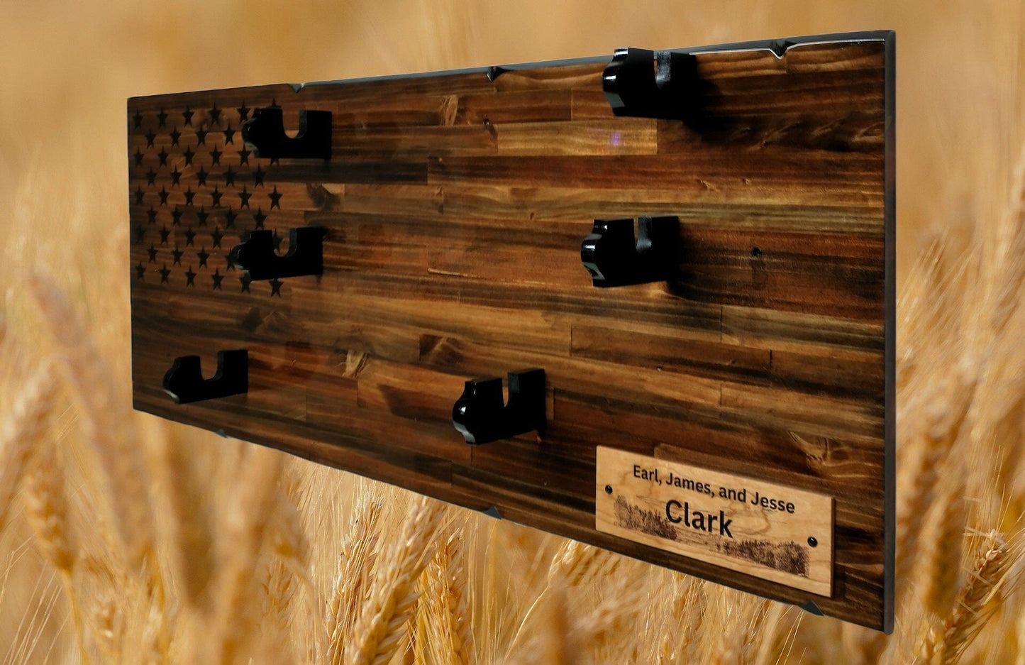 Walker Wood Gifts gun rack Rustic Unique 3 Place Shotgun Display Cabin Knotty Pine 50 Black Star Patriotic Collectors Gift