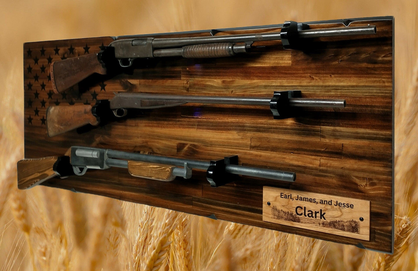 Walker Wood Gifts gun rack Rustic Unique 3 Place Shotgun Display Cabin Knotty Pine 50 Black Star Patriotic Collectors Gift
