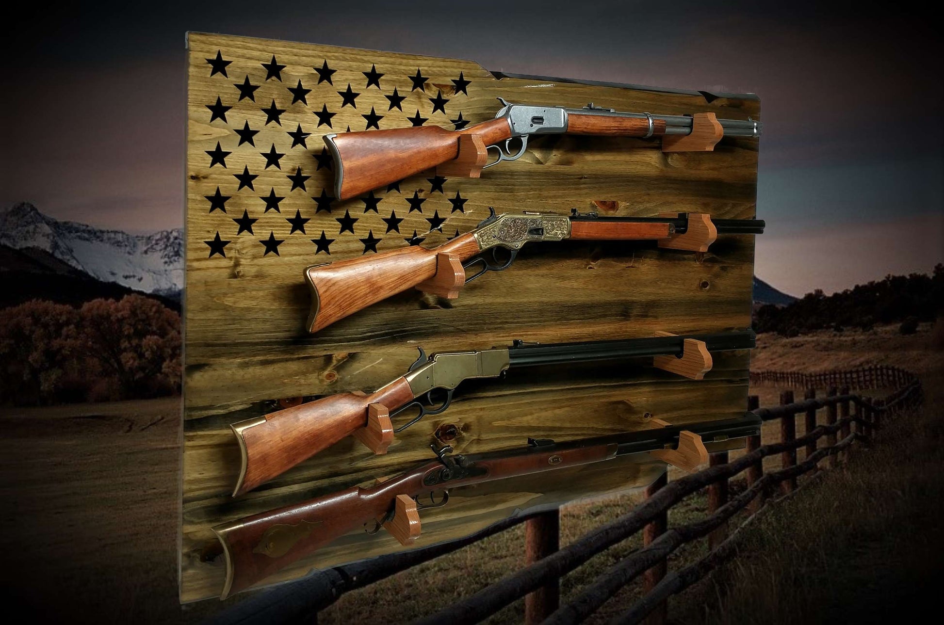 Walker Wood Gifts gun rack Rustic Unique 4 Place Lever Action Display Knotty Pine 50 Black Star Patriotic Collectors Gift