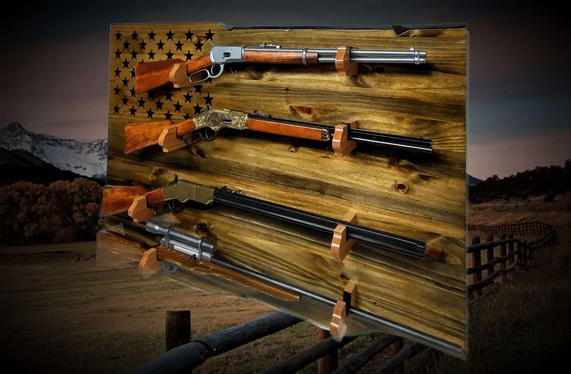 Walker Wood Gifts gun rack Rustic Unique 4 Place Lever Action Display Knotty Pine 50 Black Star Patriotic Collectors Gift