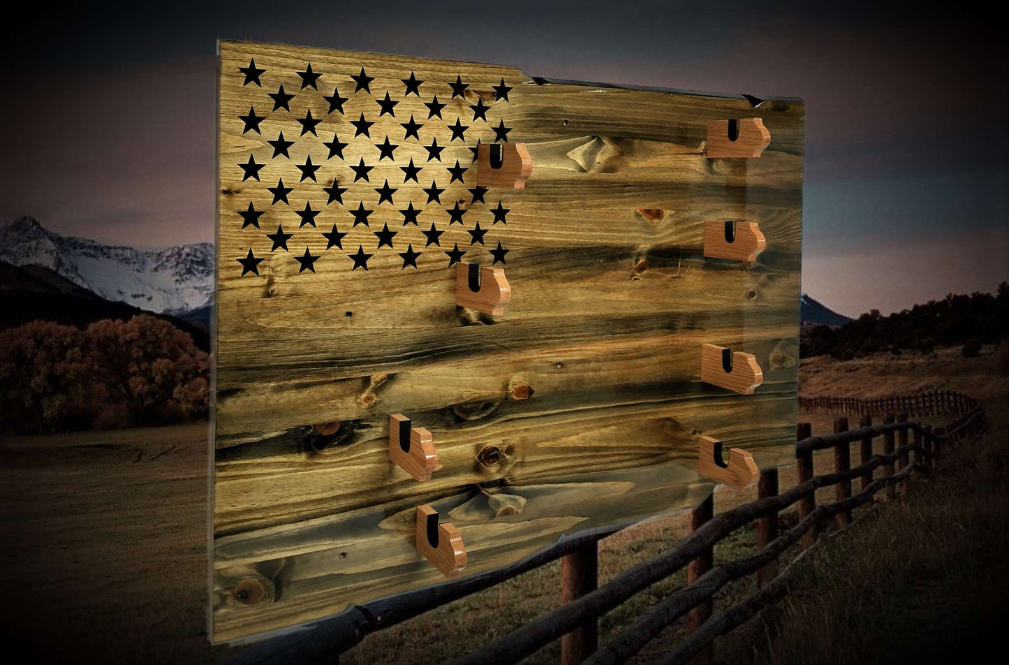 Walker Wood Gifts gun rack Rustic Unique 4 Place Lever Action Display Knotty Pine 50 Black Star Patriotic Collectors Gift