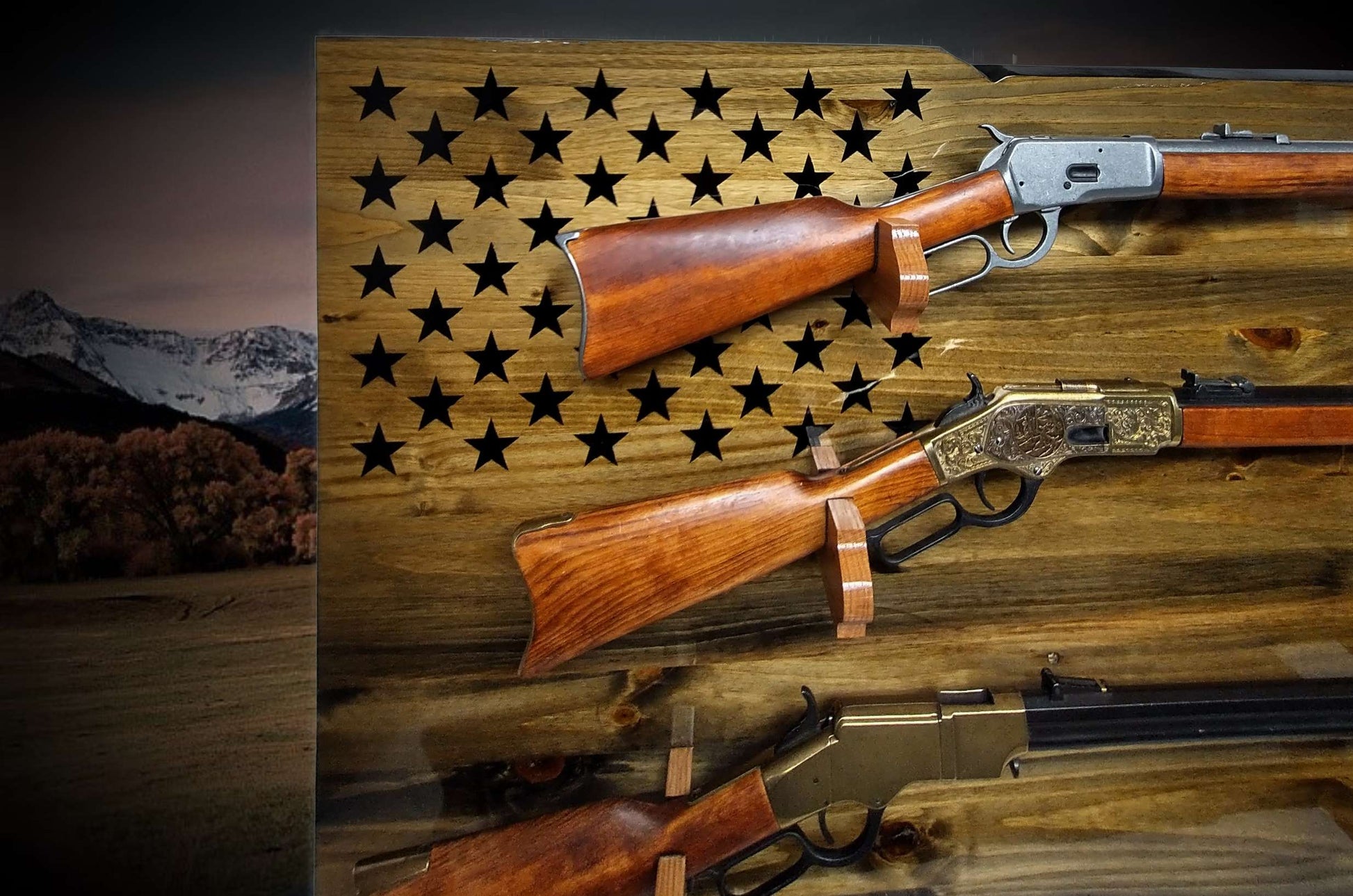 Walker Wood Gifts gun rack Rustic Unique 4 Place Lever Action Display Knotty Pine 50 Black Star Patriotic Collectors Gift