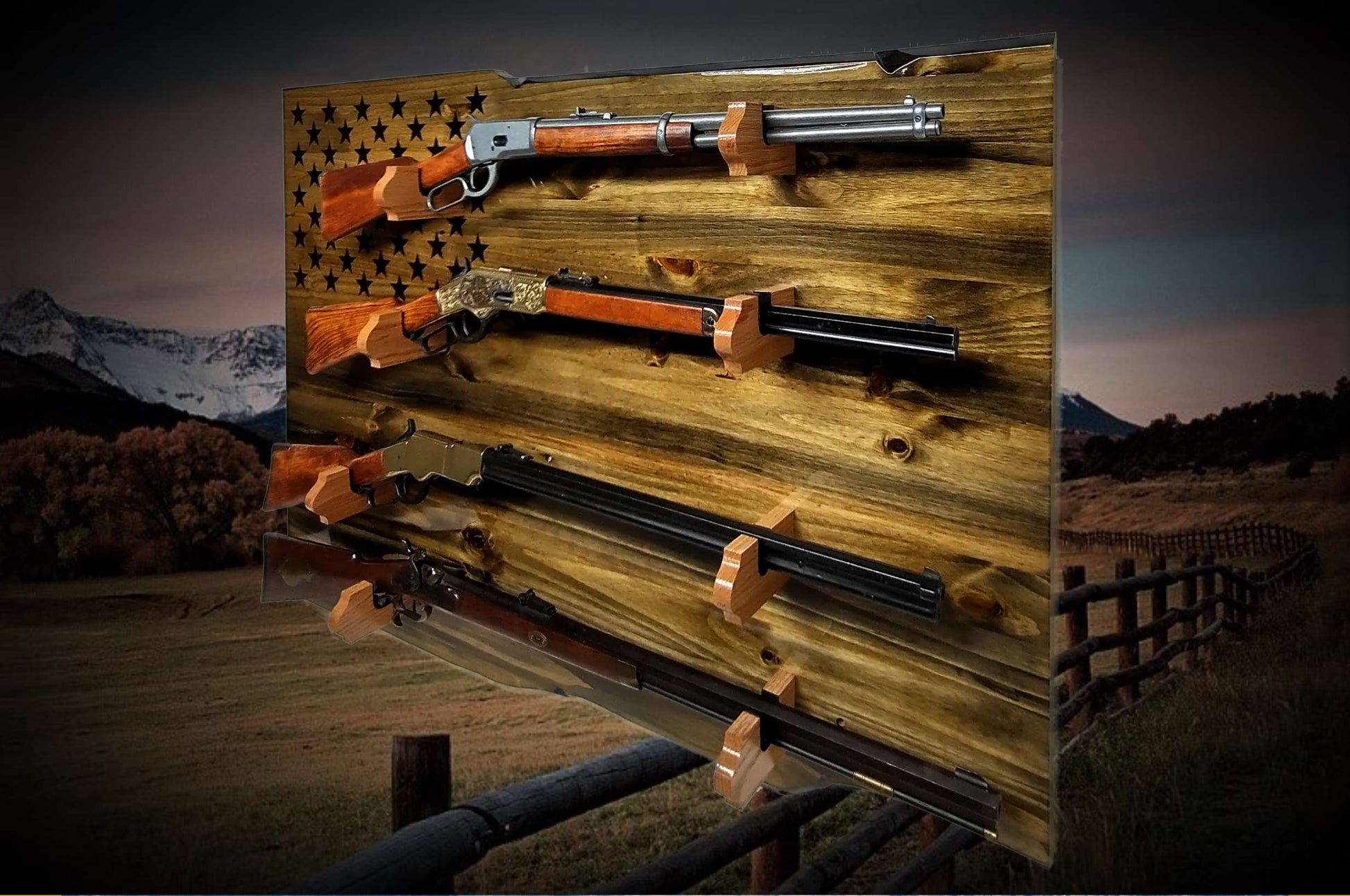 Walker Wood Gifts gun rack Rustic Unique 4 Place Lever Action Display Knotty Pine 50 Black Star Patriotic Collectors Gift