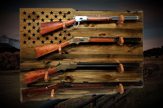 Walker Wood Gifts gun rack Rustic Unique 4 Place Lever Action Display Knotty Pine 50 Black Star Patriotic Collectors Gift