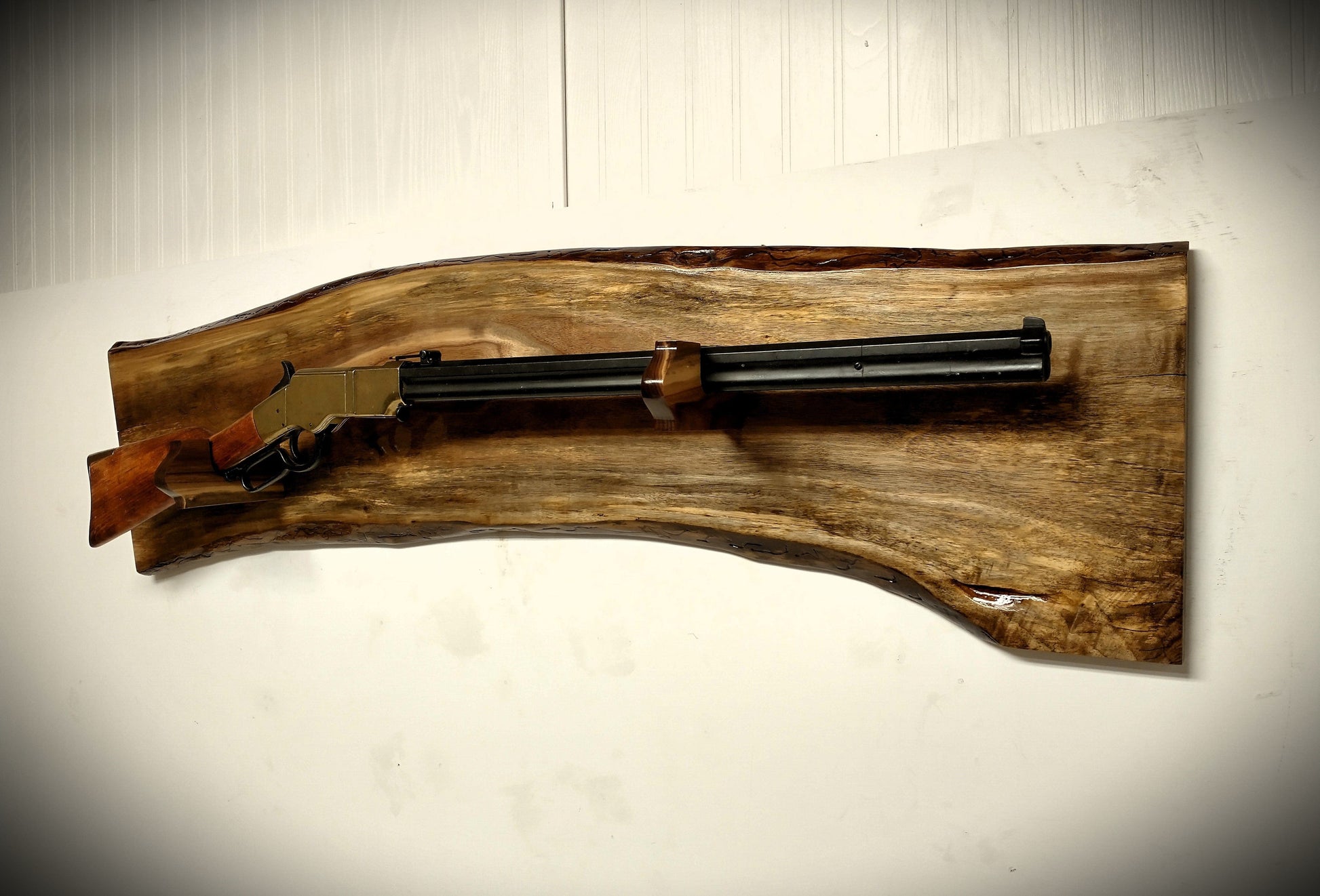 Walker Wood Gifts gun rack Rustic Unique Beautiful Live Edge Walnut Lever Action Rack Rifle Display Collectors Gift