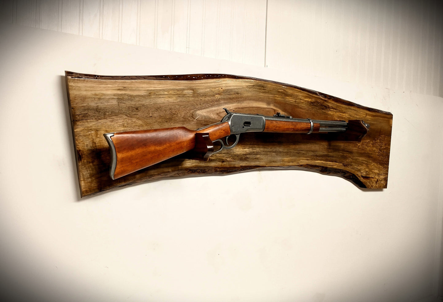 Walker Wood Gifts gun rack Rustic Unique Beautiful Live Edge Walnut Lever Action Rack Rifle Display Collectors Gift