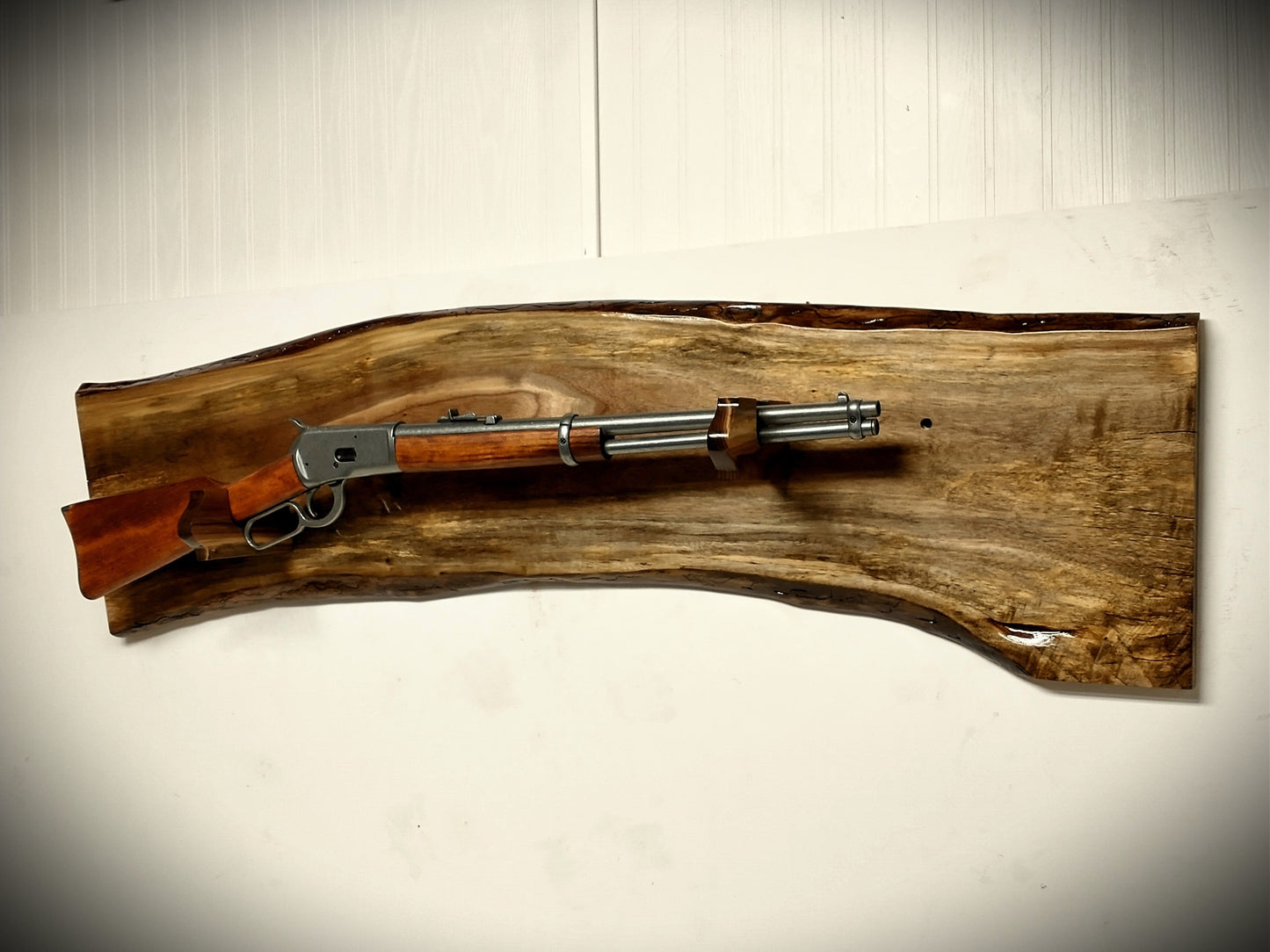 Walker Wood Gifts gun rack Rustic Unique Beautiful Live Edge Walnut Lever Action Rack Rifle Display Collectors Gift